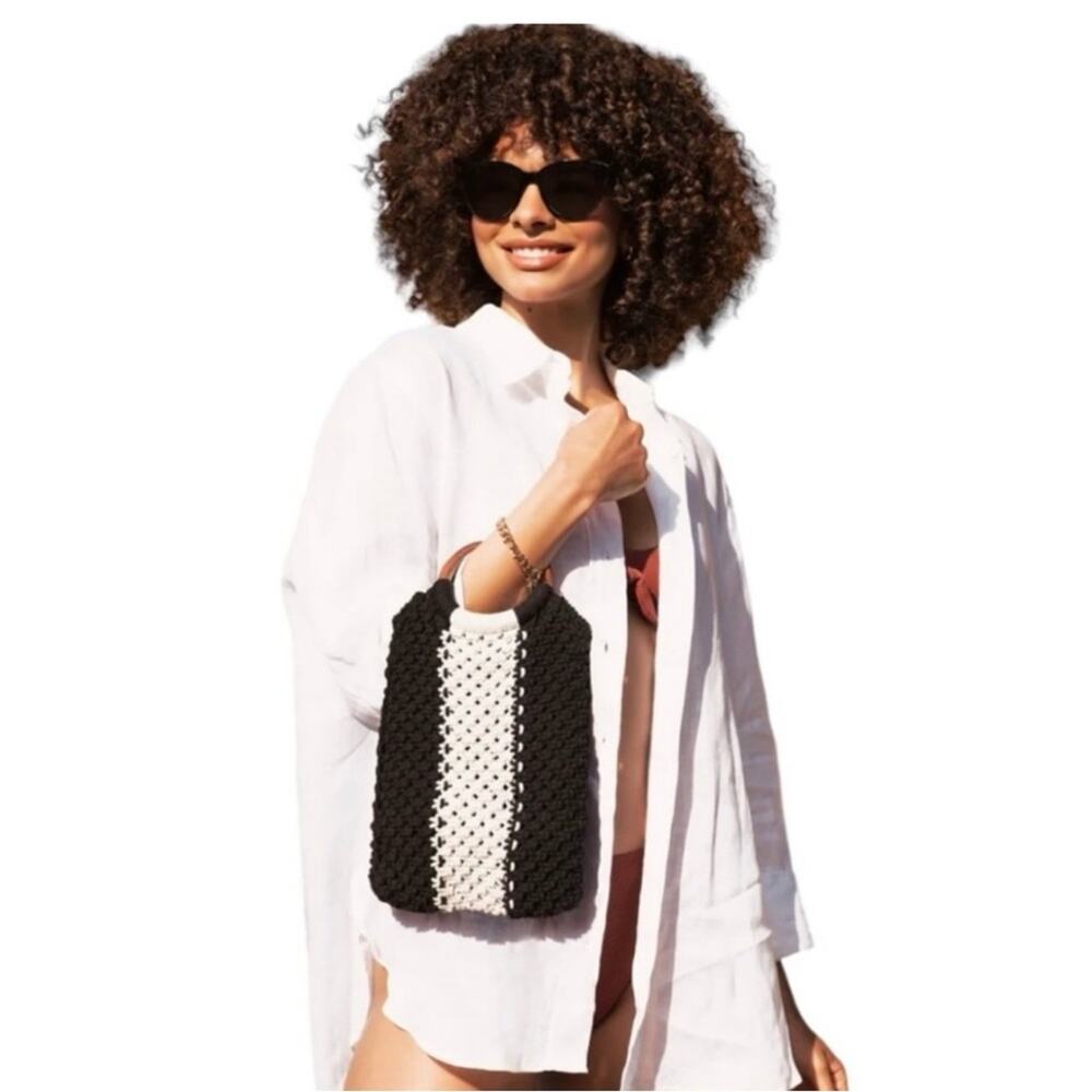 Laude The Label Gabby Mini Macrame‎ Bag Wood Top Handle Black White Stripe NEW